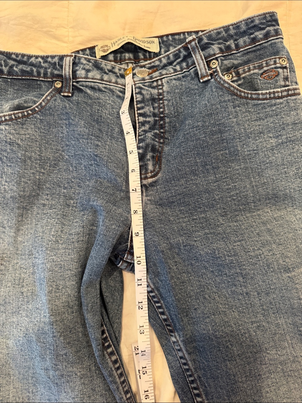 Harley-Davidson Blue Denim Bootcut Jeans with Brown Leather Patch - Picture 8 of 9